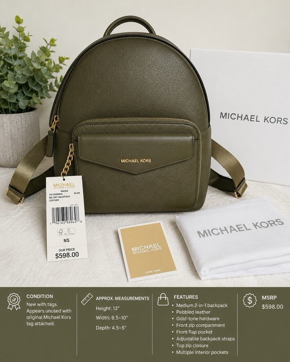 Michael Kors Maisie Medium 2-in-1 Leather Backpack Olive NWT $598 MSRP